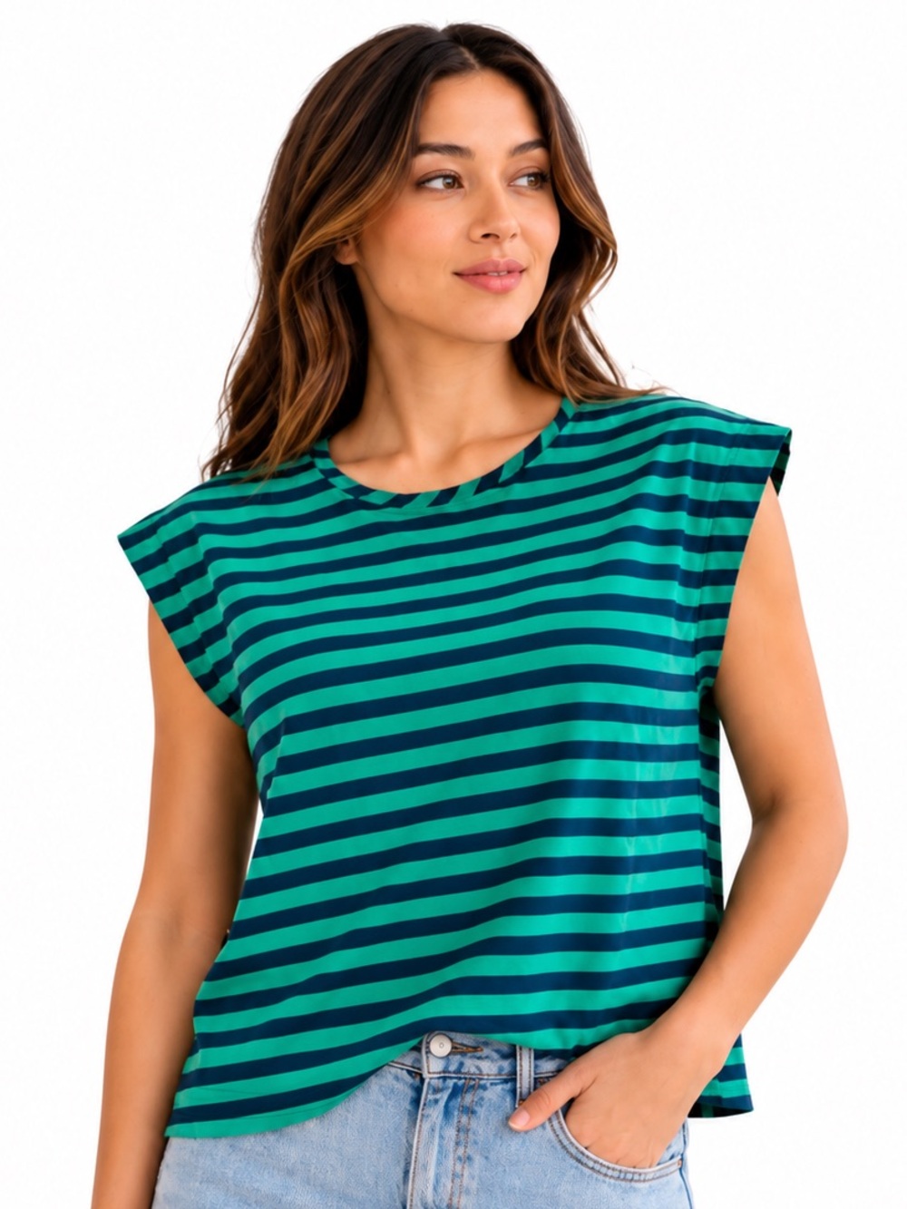 Ali & Kris Green Navy Striped Cap Sleeve Blouse Back Zip L
